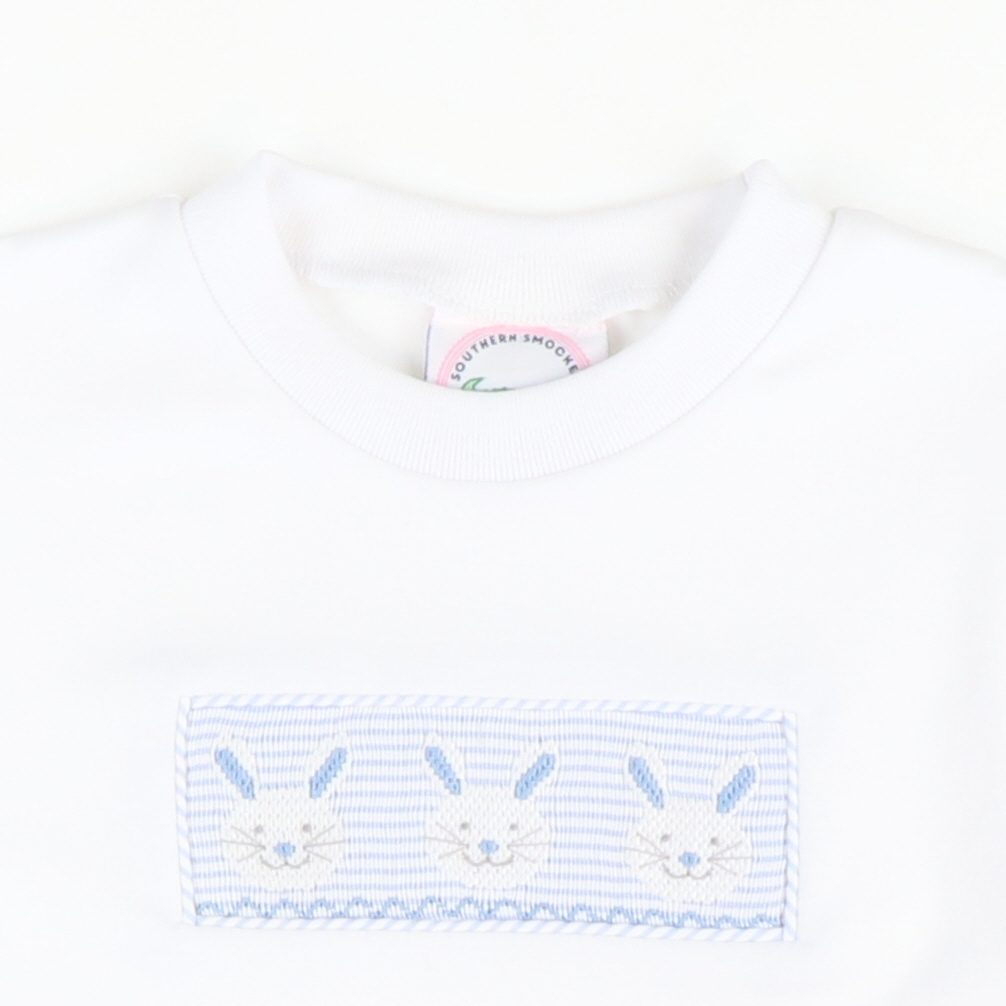 Smocked Bunny Face Shirt & Shorts Set - Light Blue Stripe Seersucker - Stellybelly