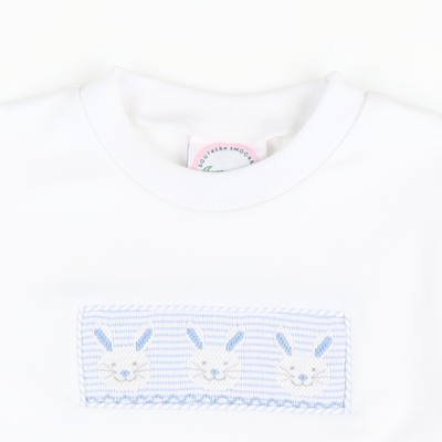 Smocked Bunny Face Shirt & Shorts Set - Light Blue Stripe Seersucker - Stellybelly
