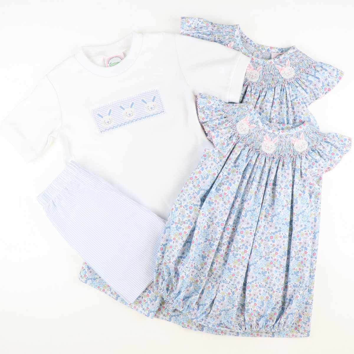 Smocked Bunny Face Shirt & Shorts Set - Light Blue Stripe Seersucker - Stellybelly