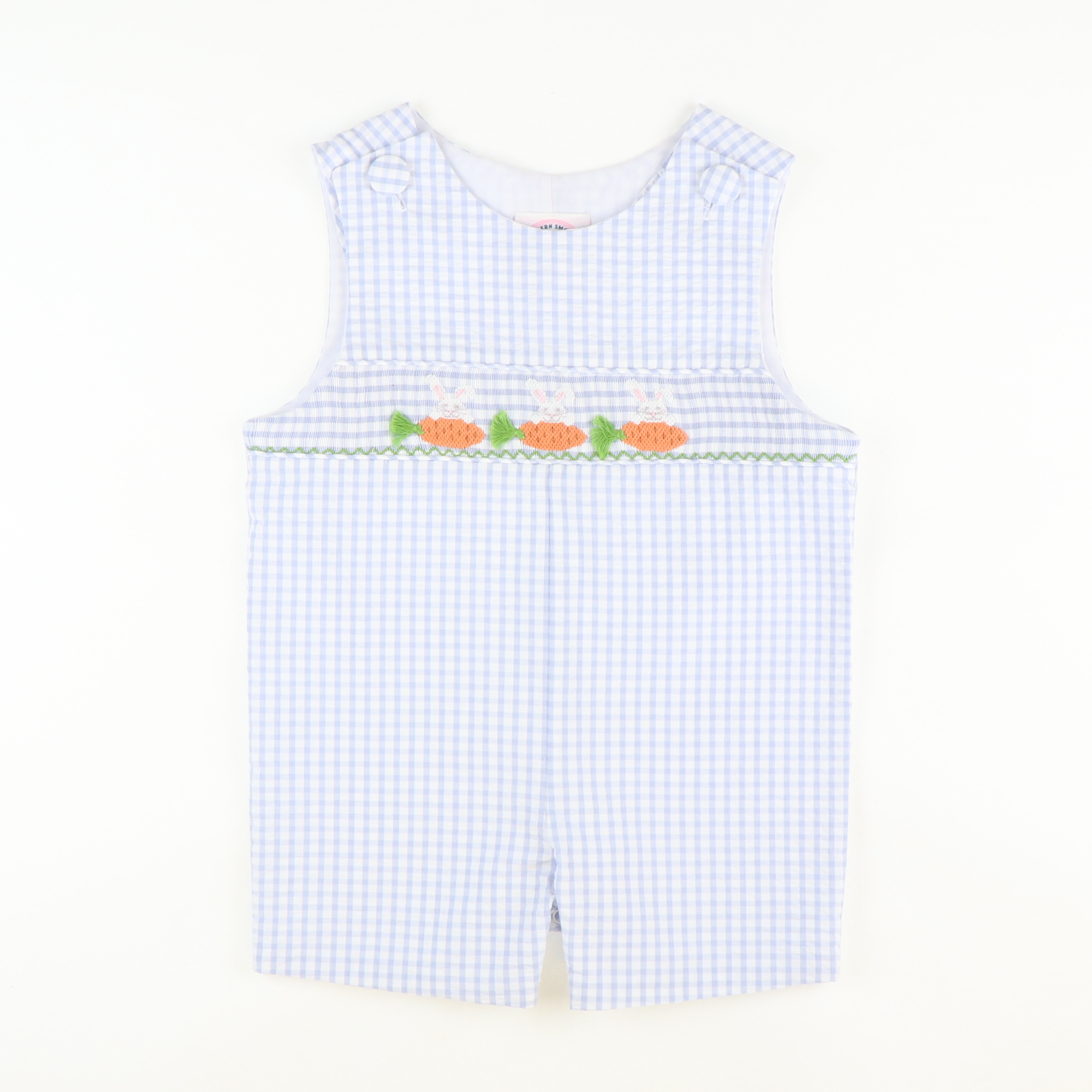 Smocked Bunnies & Carrots Shortall - Light Blue Check Seersucker - Stellybelly