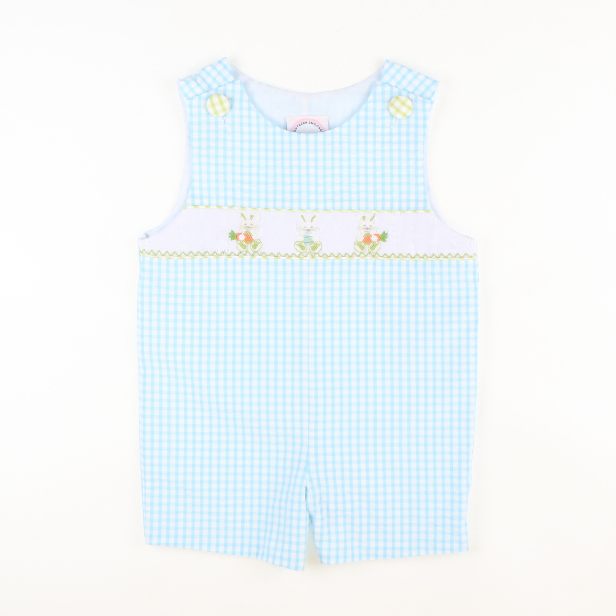 Smocked Easter Bunny Shortall - Sky Check Seersucker - Stellybelly