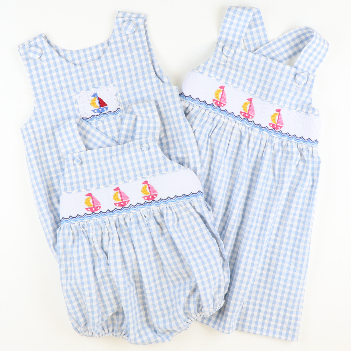Smocked Sail Away Dress - Light Blue Check Seersucker - Stellybelly