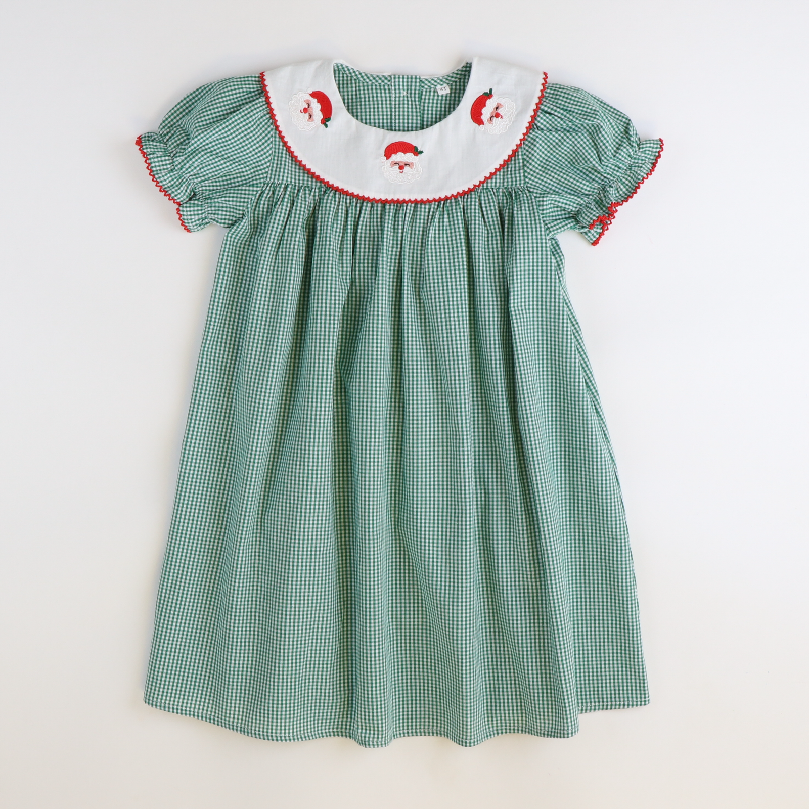 Embroidered Santa Bib Dress - Christmas Green Mini Gingham - Stellybelly