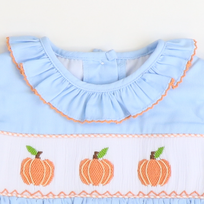 Smocked Pumpkins Ruffle Neck Girl Bubble - Light Blue Pique - Stellybelly