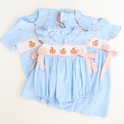 Smocked Pumpkins Ruffle Neck Dress - Light Blue Pique - Stellybelly