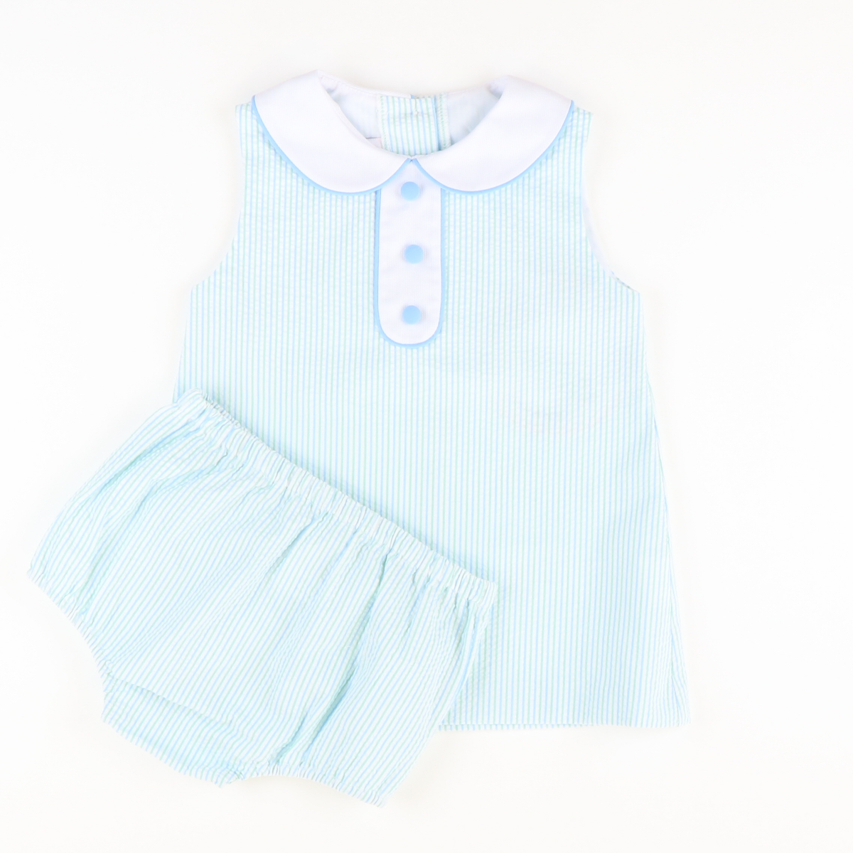 Collared Seersucker Sleeveless Top & Bloomer Set - Light Blue & Mint Stripe - Stellybelly