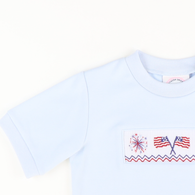 Smocked Flags and Fireworks Short Sleeve Light Blue Knit Shirt - Stellybelly