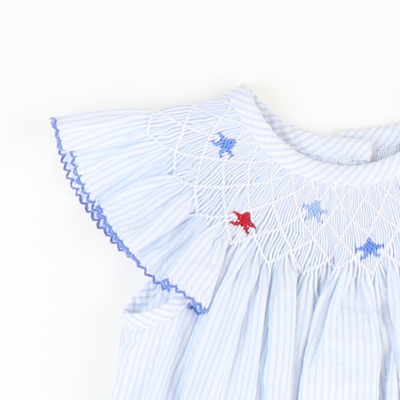 Smocked Patriotic Stars Girl Bubble - Light Blue Stripe Seersucker - Stellybelly