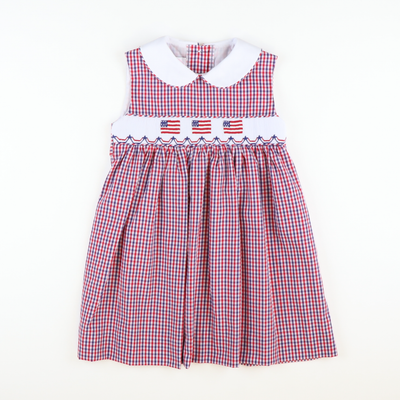 Smocked Liberty Collared Dress - Red and Blue Plaid - Stellybelly