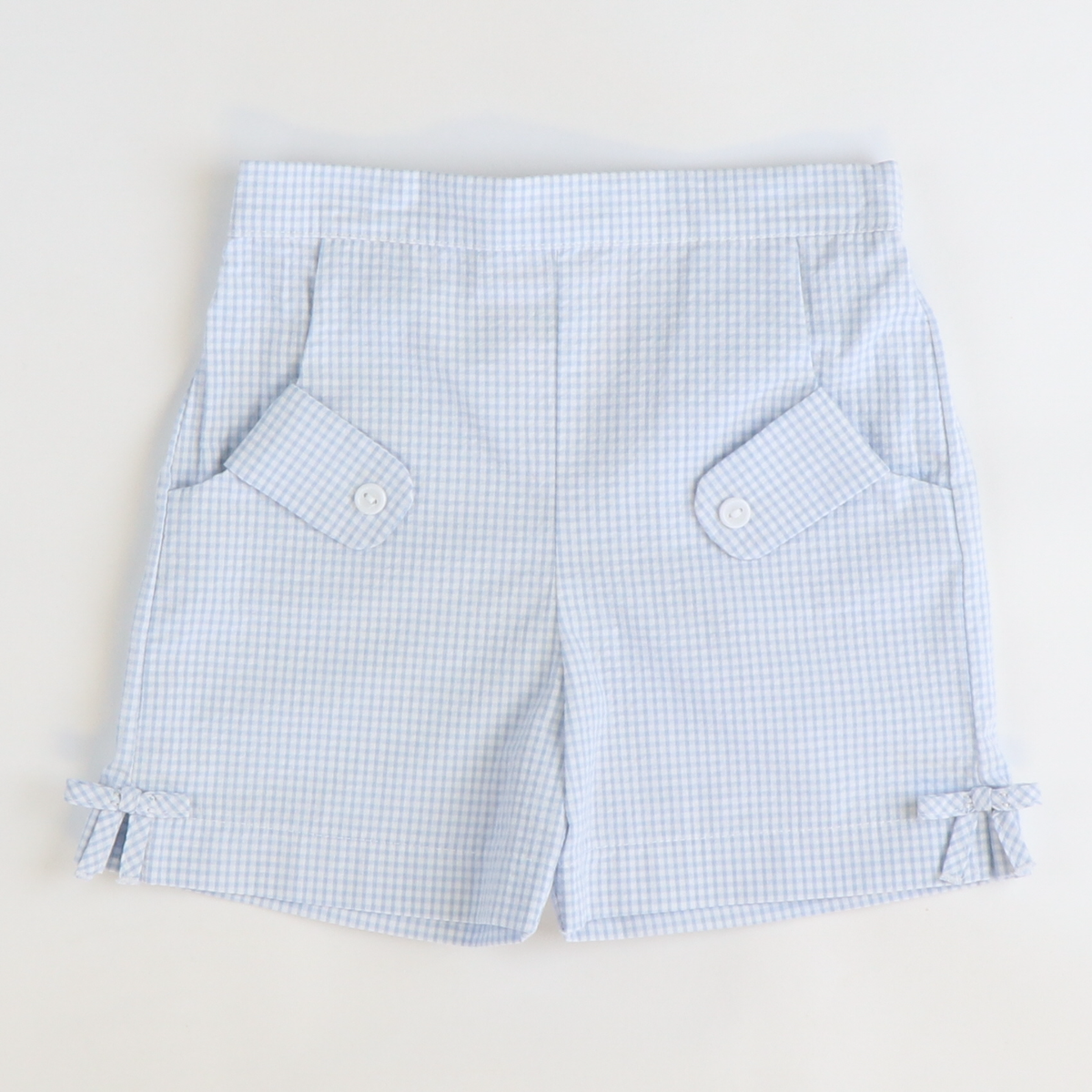 Bow Shorts - Light Blue Mini Check Seersucker - Stellybelly
