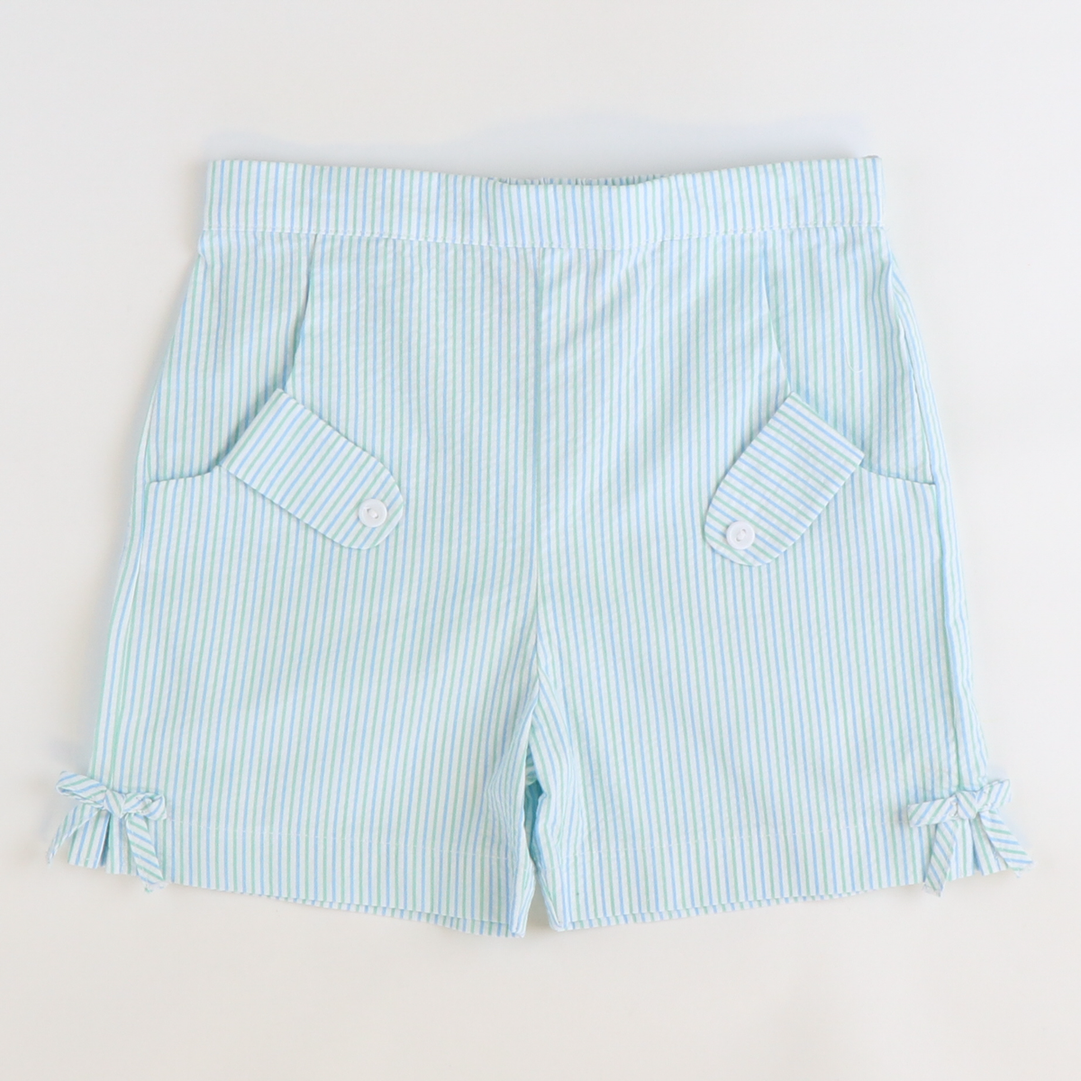 Bow Shorts - Light Blue & Mint Stripe Seersucker - Stellybelly