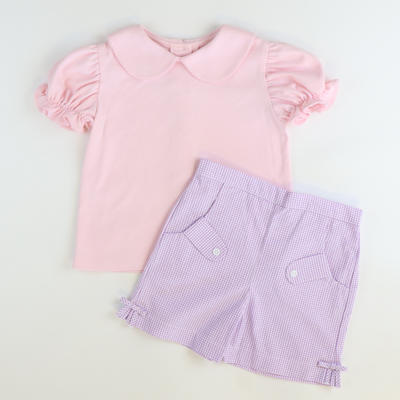 Bow Shorts - Lavender Mini Check Seersucker - Stellybelly