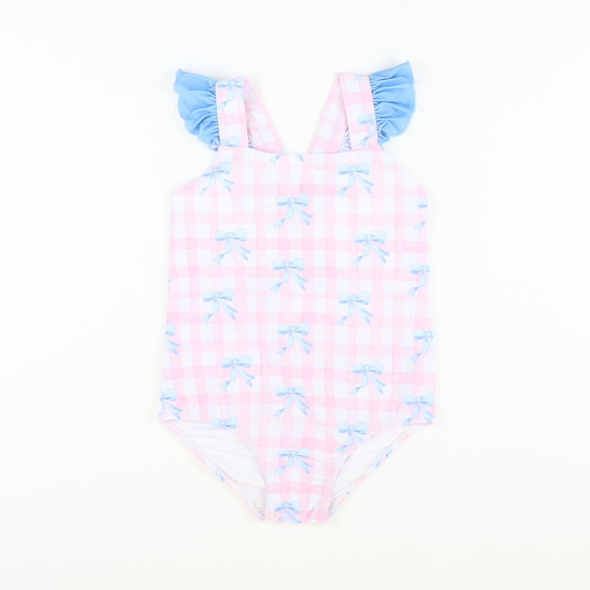 Blue Bows & Pink Check Ruffle One-Piece Swimsuit - Stellybelly